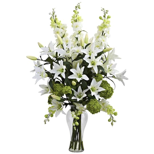 Lily, Delphinium &#x26; Hydrangea Silk Arrangement